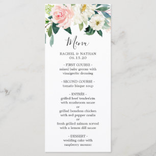 Menu Mariage Floral Aquarelle Rose Pâle et Fleurs Blanc