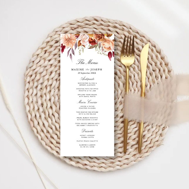 Menu Mariage Floral Aquarelle Rouge Bourgogne (Burgundy floral wedding menu adds elegant charm and beautifully showcases your meal choices.)