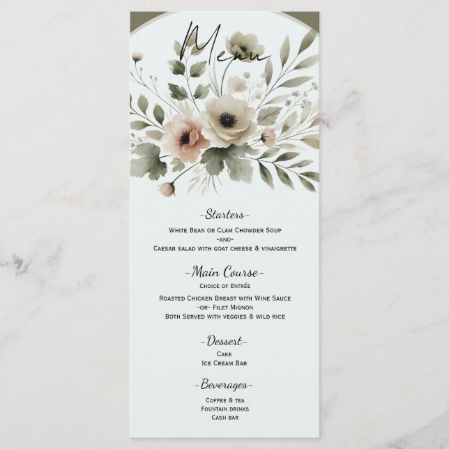 Menu Mariage Floral Aquarelle Vert Olive Kaki (Devant)