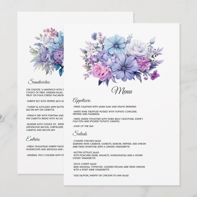 Menu Mariage floral argent, bleu glacé et lilas (Devant / Derrière)