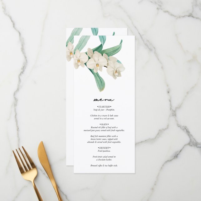 Menu Mariage Floral aux Orchidées Blanches Aquarelle (Devant/Arrière en situation)
