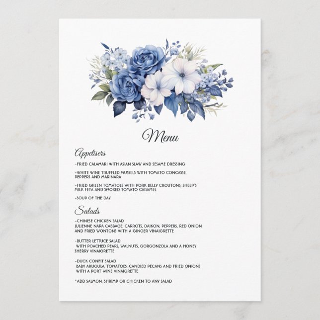 Menu Mariage floral blanc et marine (Devant)