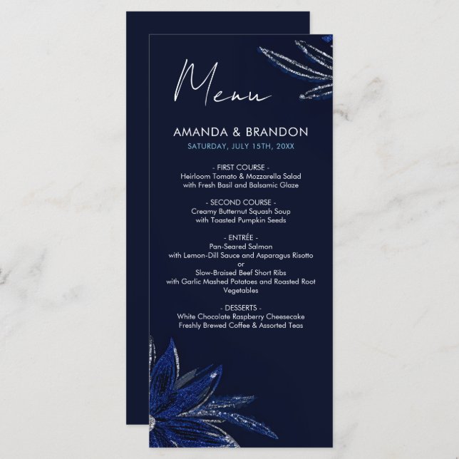 Menu Mariage floral bleu argenté et marine (Devant / Derrière)