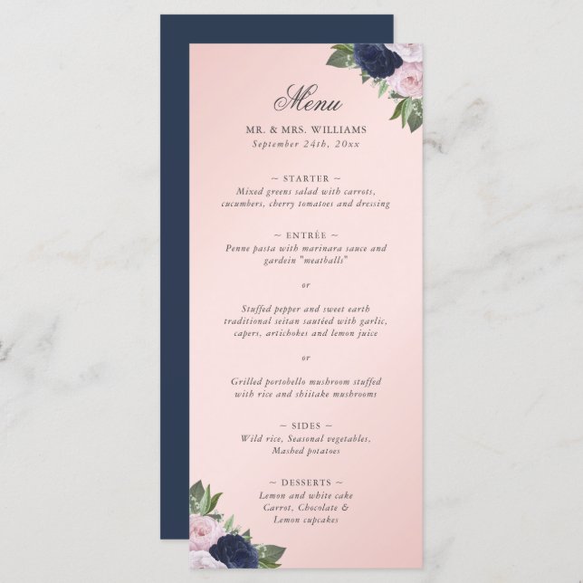 Menu Mariage floral bleu bleu bleu bleu rose (Devant / Derrière)