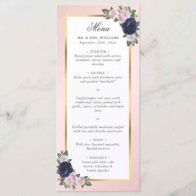 Menu Mariage floral bleu bleu bleu rose marine (Devant)
