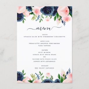 Menu Mariage floral bleu bleu bleu rose Navy