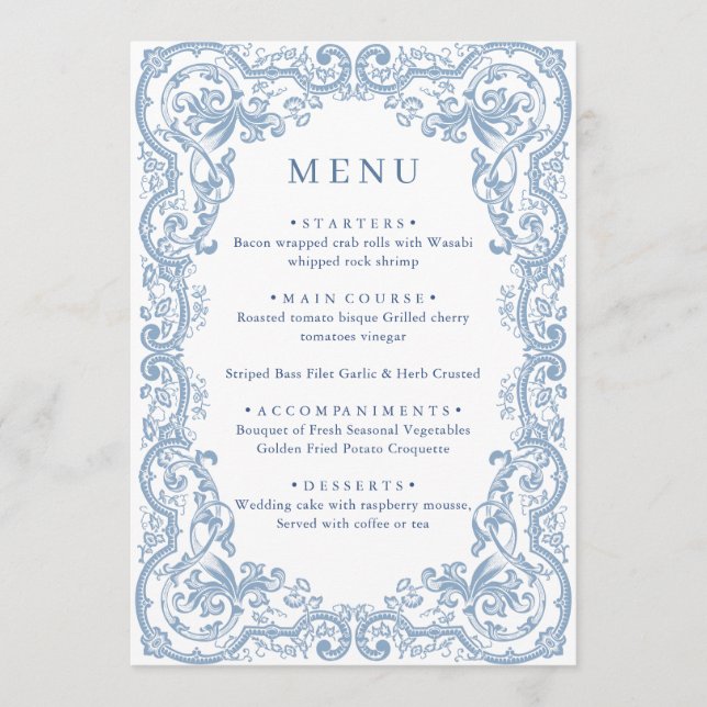 Menu Mariage Floral bleu bleu de la Renaissance (Devant)