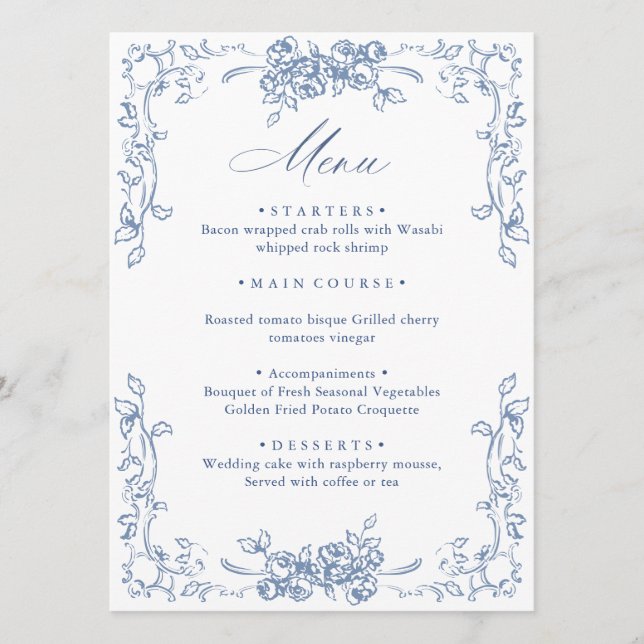 Menu Mariage Floral bleu bleu de la Renaissance (Devant)