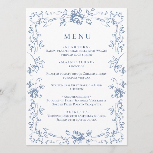 Menu Mariage Floral bleu bleu de la Renaissance (Devant)