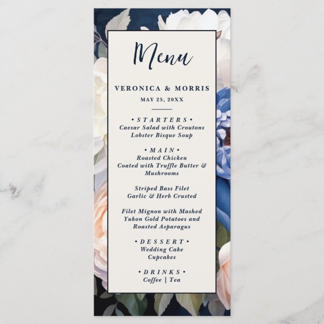 Menu Mariage floral bleu bleu marine et bleu roux (Devant)