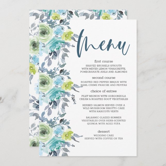 Menu Mariage Floral bleu clair jaune vert (Devant / Derrière)