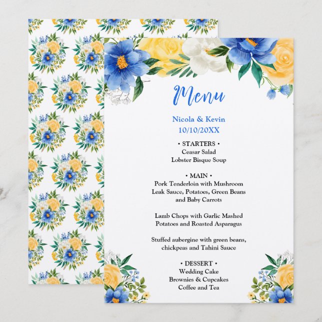 Menu Mariage Floral Bleu et Jaune (Devant / Derrière)