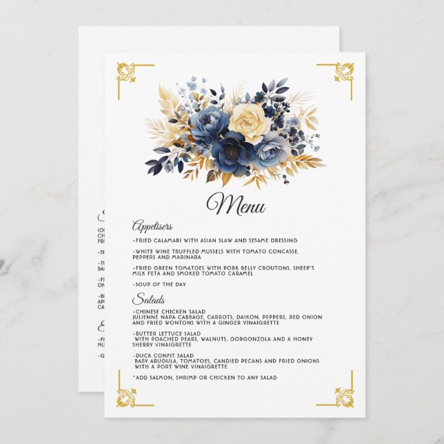 Menu Mariage floral bleu marine et or (Devant / Derrière)