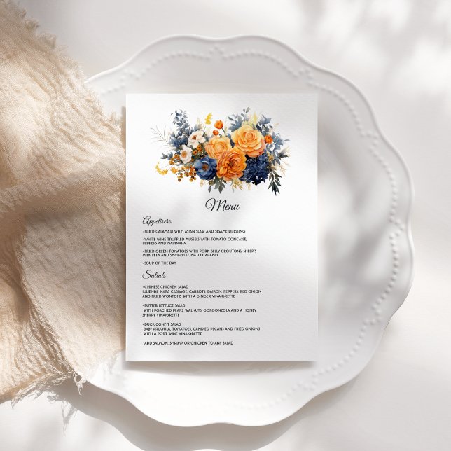 Menu Mariage Floral Bleu Nuit, Orange Brûlé et Champagn (Navy Blue, Burnt Orange & Champagne Floral Wedding Menu)