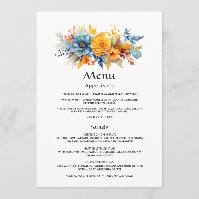 Menu Mariage floral bleu, orange et jaune (Devant)