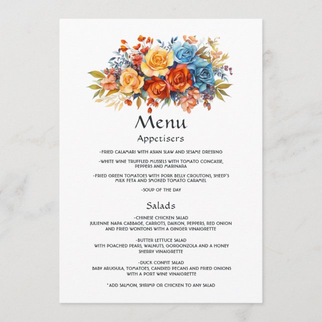 Menu Mariage floral bleu, orange, jaune et rouge (Devant)