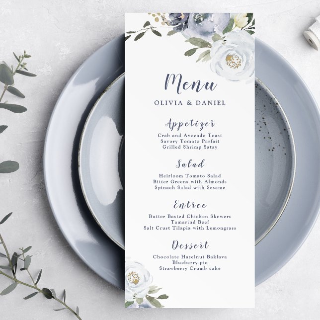 Menu Mariage floral bleu pâle fleuri botanique (Blooming botanical dusty blue floral wedding menu)