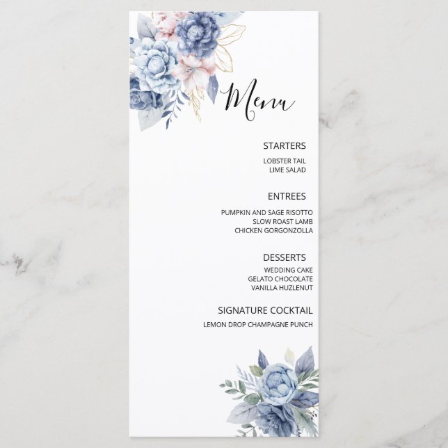 Menu Mariage Floral Bleu Poussiéreux (Devant)