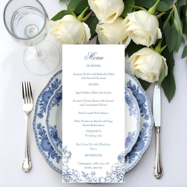Menu Mariage Floral Bleu Poussiéreux Élégant Classique (Créateur téléchargé)