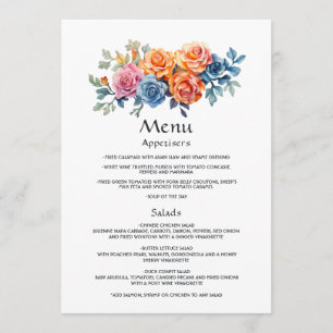 Menu Mariage floral bleu, rose, orange et vert