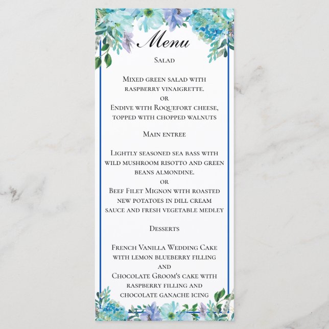 Menu Mariage floral bleu Sapphire (Devant)