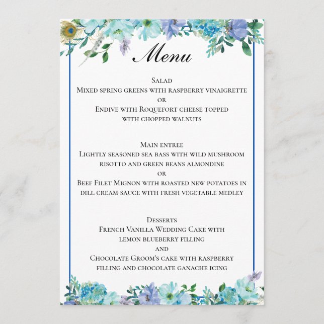 Menu Mariage floral bleu Sapphire (Devant)