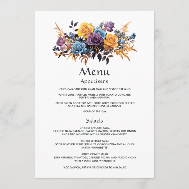 Menu Mariage floral bleu, violet, or et noir (Devant)
