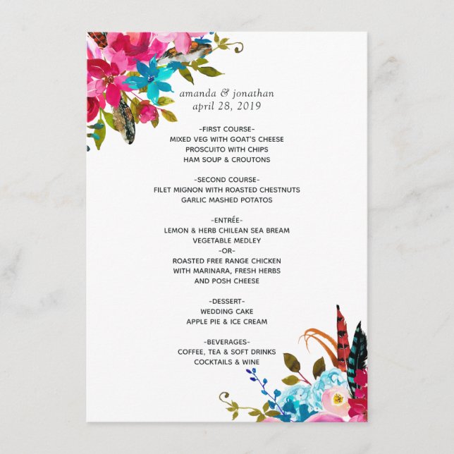 Menu Mariage floral bohème chic aquarelle (Devant)