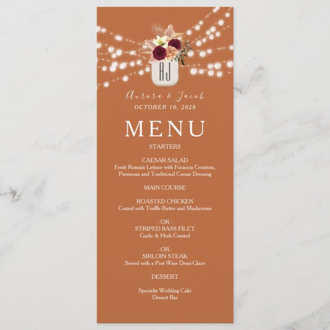 Menu Mariage Floral Bohème Orange (Devant)