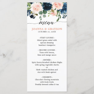 Menu Mariage Floral Boho bleu marine rose rose bleu