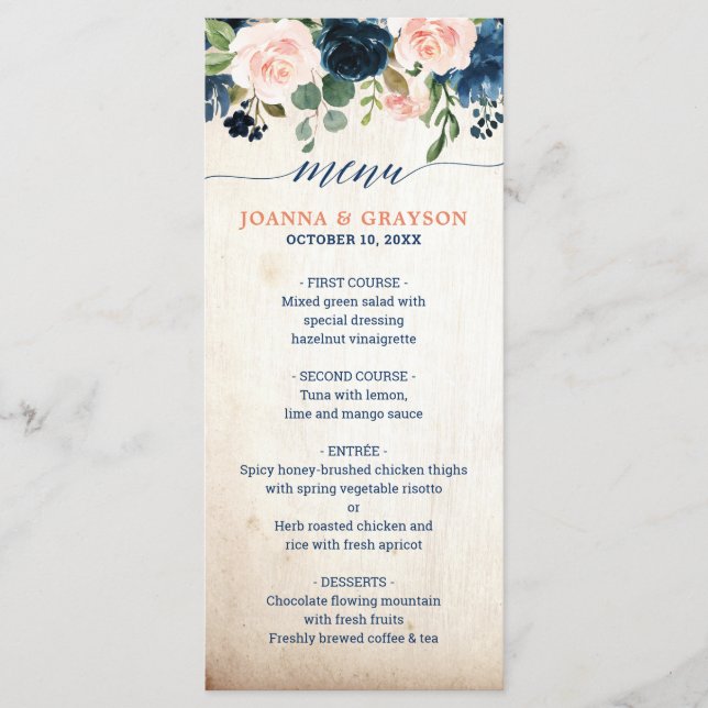 Menu Mariage Floral Boho bleu marine rose rose bleu (Devant)