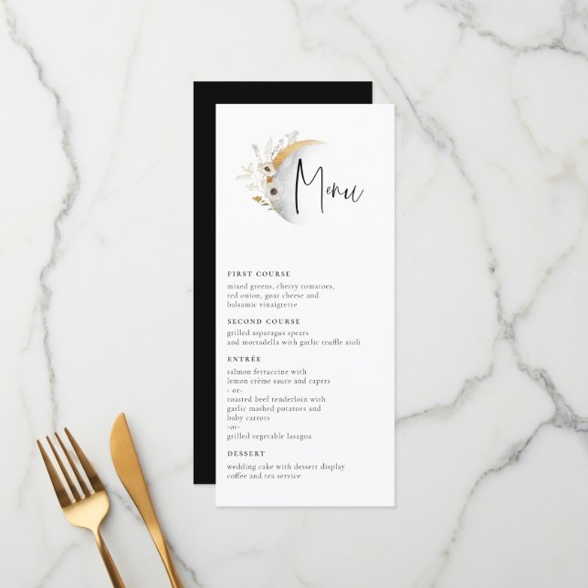 Menu Mariage Floral Boho Moon Doré (Devant/Arrière en situation)
