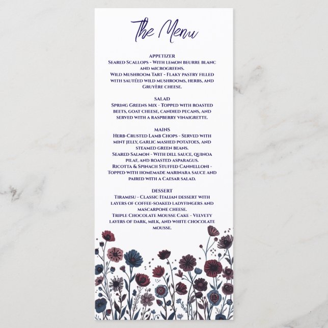 Menu Mariage Floral Bourguignon et Bleu Maussade (Devant)
