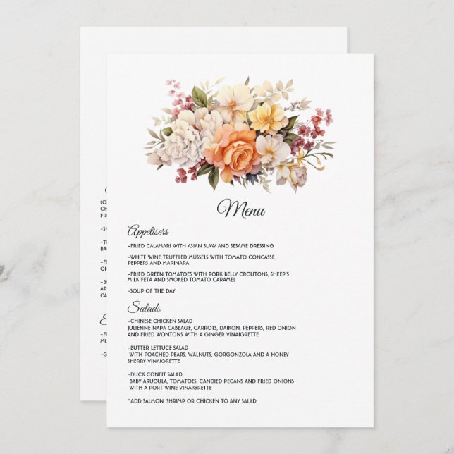 Menu Mariage floral couleur champagne (Devant / Derrière)