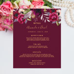 Menu mariage floral couleur eau bordeaux<br><div class="desc">Une élégante carte de menu mariage de style bohème. Roses verdoyants,  roses et bordeaux. Modèles pour vos noms,  date et le menu mariage. Arrière - plan de Bourgogne sur le front et sur le dos. Lettres de couleur dorée.</div>