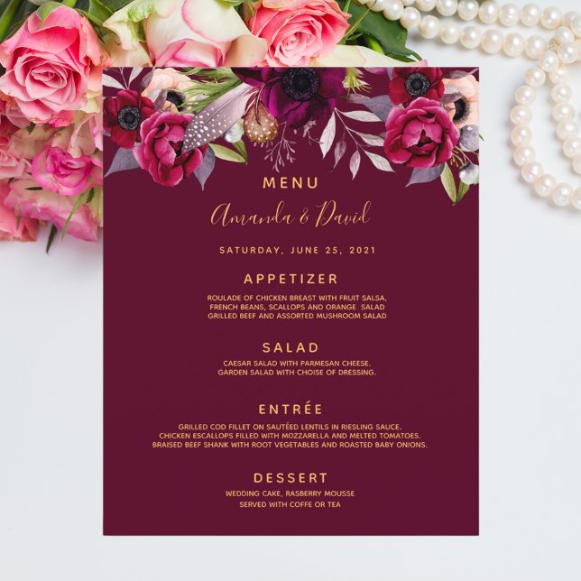 Menu mariage floral couleur eau bordeaux (Créateur téléchargé)