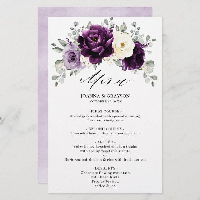 Menu Mariage floral d'aubergine de prune violette  (Devant / Derrière)