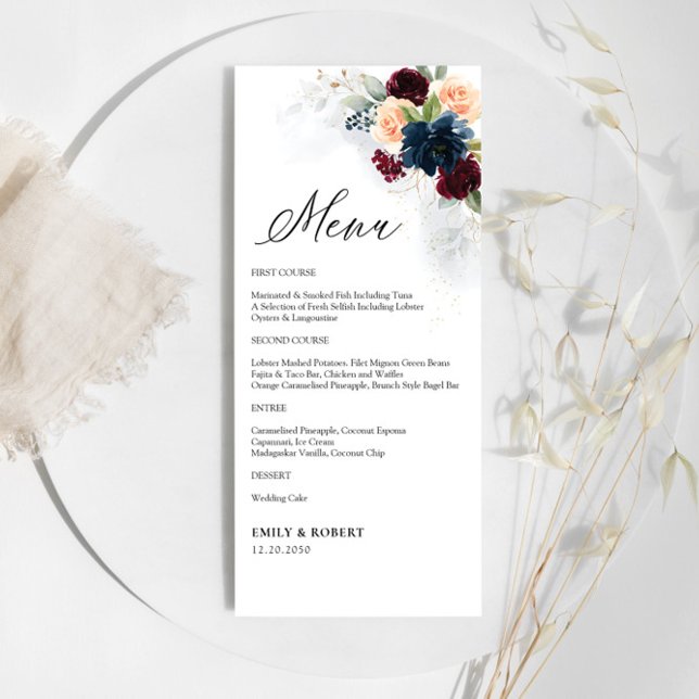 Menu Mariage Floral de Bourgogne et Marine (Créateur téléchargé)