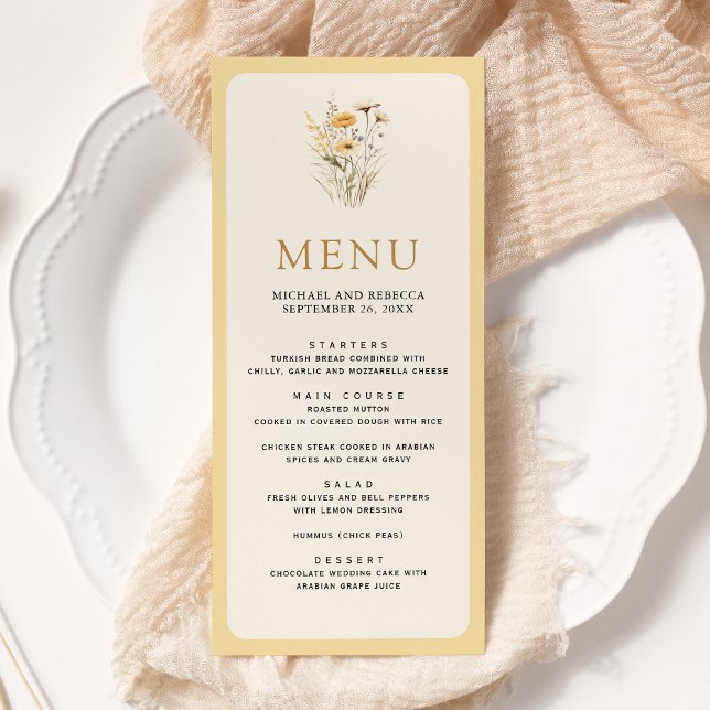 Menu Mariage floral de fleurs sauvages boho jaune (Créateur téléchargé)