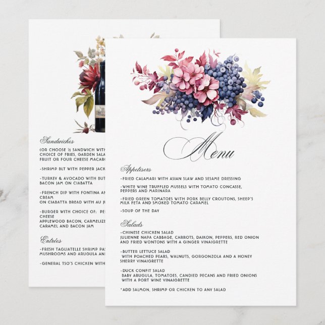 Menu Mariage Floral Dégustation de Vin Bourguignon, Nui (Devant / Derrière)
