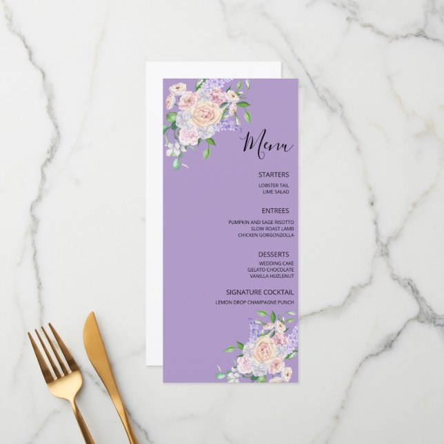 Menu Mariage Floral d'Été Fleur Sauvage Violette (Devant/Arrière en situation)