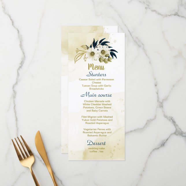 Menu Mariage floral d'ivoire bleu marine (Devant/Arrière en situation)