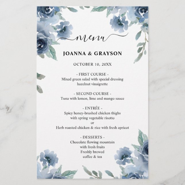 Menu Mariage floral Dusty Blue Slate Navy (Devant)