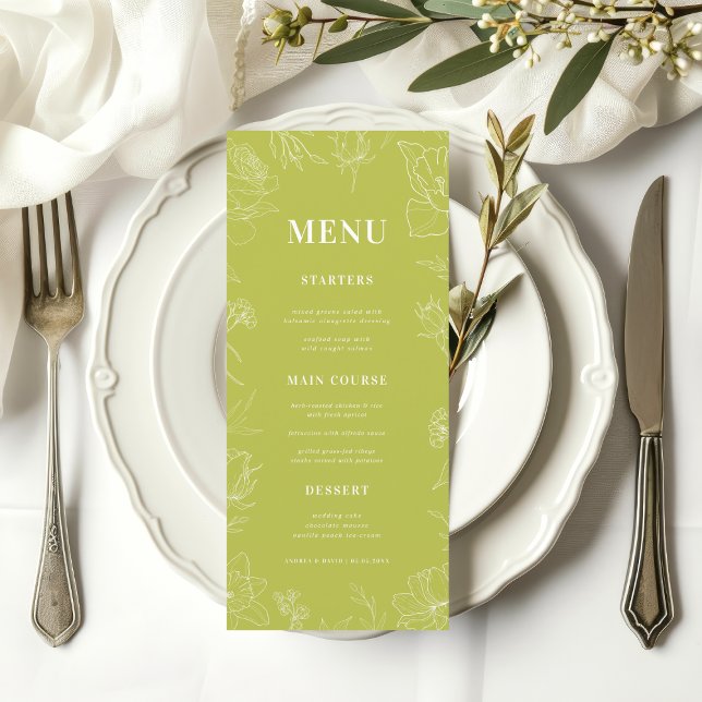 Menu Mariage Floral Éclos Frais Vert Citron Clair Dessi (Créateur téléchargé)