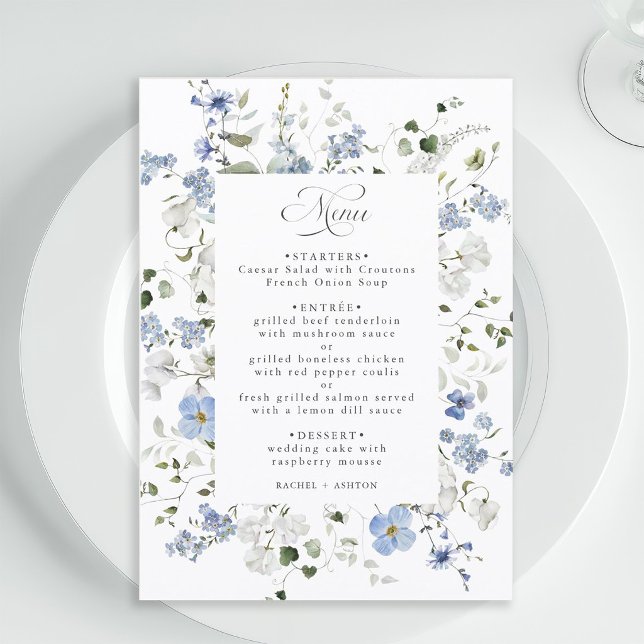Menu Mariage Floral Élégant Bleu Blanc Vert (Créateur téléchargé)