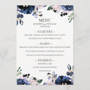 Menu Mariage floral élégant bleu marine et rose pâle
