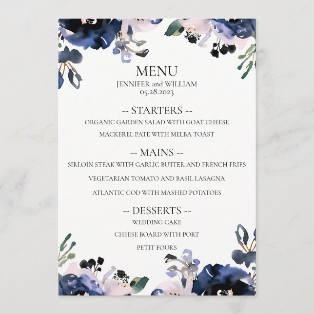 Menu Mariage floral élégant bleu marine et rose pâle (Devant)