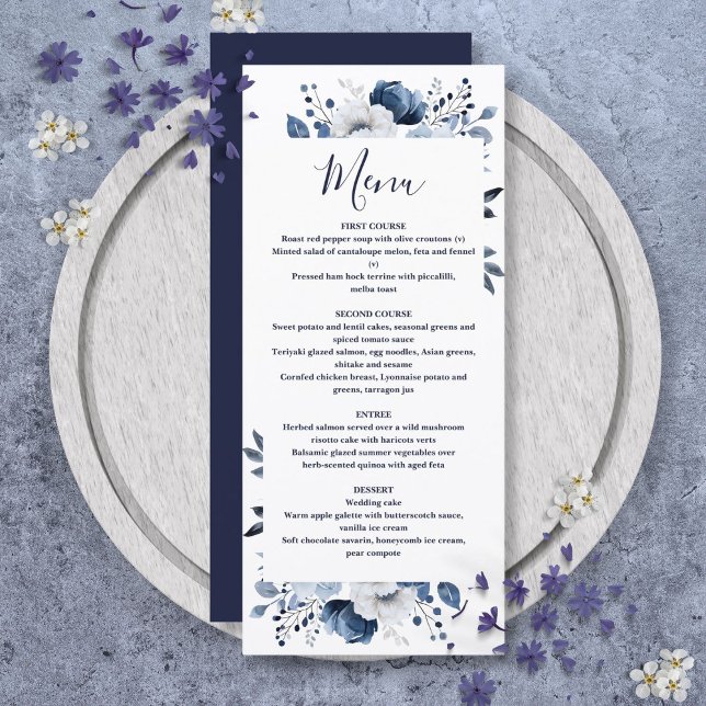 Menu Mariage floral élégant de couleur bleu marine (Navy Blue Elegant Country Floral Wedding Menu)