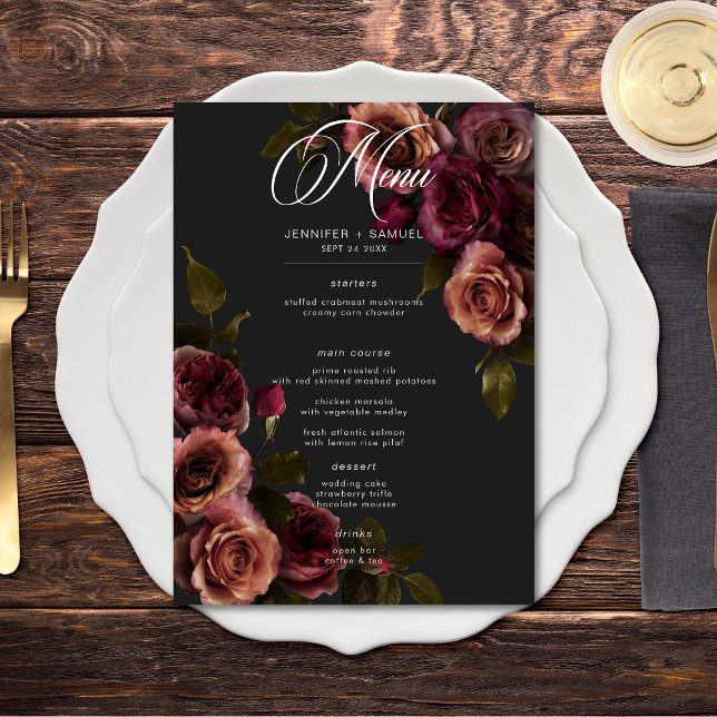 Menu Mariage Floral Élégant et Sombre aux Tons Rouille  (Elegant Moody Muted Rust & Burgundy Floral Wedding Menu)