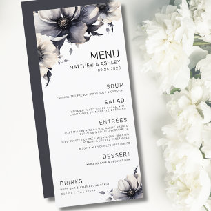 Menu Mariage Floral Élégant Moderne Noir Blanc